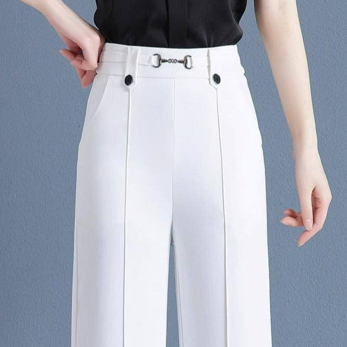 [Pague 3, Leve 5] Calças Femininas Lavina de Cintura Alta com Botões Frontais em Poliéster e Seda Gelo